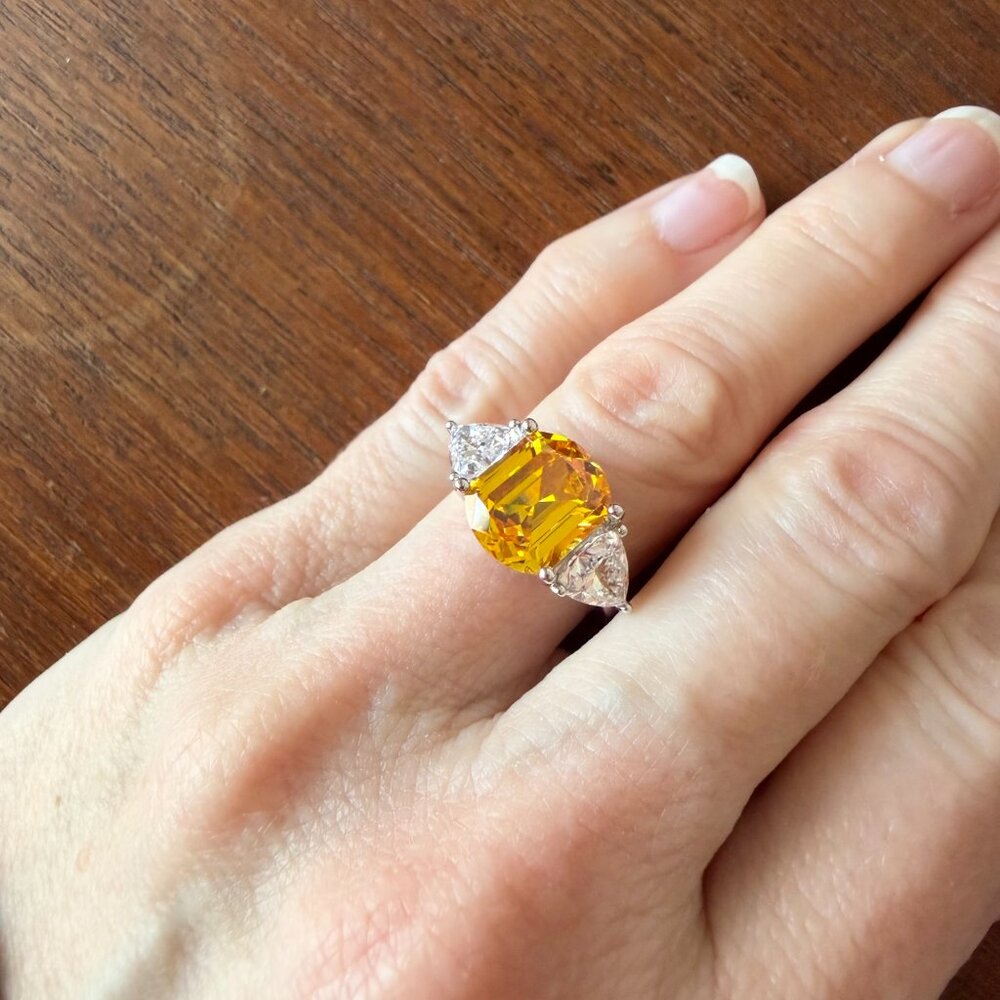 Radiance by Absolute Cushion-Cut Canary Yellow Triangular Sides Three-Stone Ring